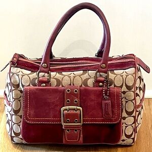 Coach Tan Signature Suede Satchel with Burgundy Leather Trim